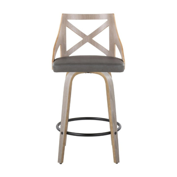 English Elm Fixed-Height Swivel Counter Stools Faux Leather Cushion Bent Wood Legs Set of Two B202S02221