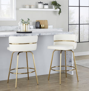 English Elm 26 Inch Glam Swivel Counterstools with Gold Base and White Faux Leather Set of 2 B202S02222