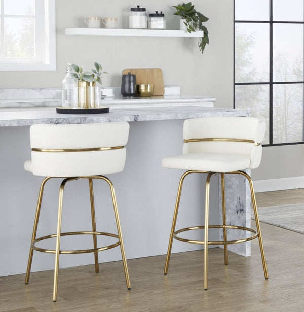 English Elm 26 Inch Glam Swivel Counterstools with Gold Base and White Faux Leather Set of 2 B202S02222