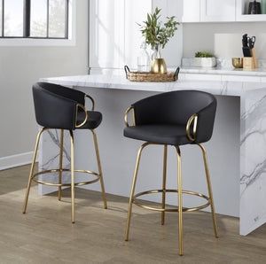 English Elm 26 Inch Art Deco Swivel Counterstools with Gold Frame and Black Faux Leather Set of 2 B202S02223