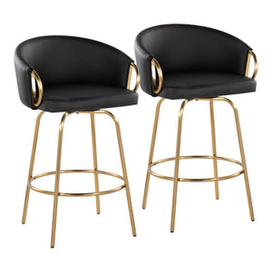 English Elm 26 Inch Art Deco Swivel Counterstools with Gold Frame and Black Faux Leather Set of 2 B202S02223