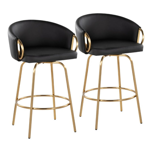 English Elm 26 Inch Art Deco Swivel Counterstools with Gold Frame and Black Faux Leather Set of 2 B202S02223