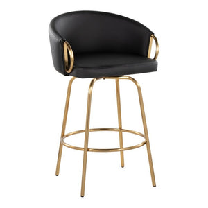 English Elm 26 Inch Art Deco Swivel Counterstools with Gold Frame and Black Faux Leather Set of 2 B202S02223
