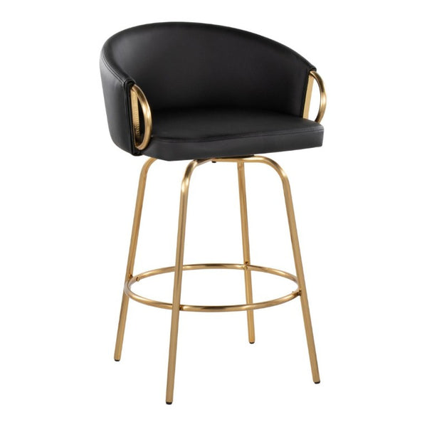 English Elm 26 Inch Art Deco Swivel Counterstools with Gold Frame and Black Faux Leather Set of 2 B202S02223