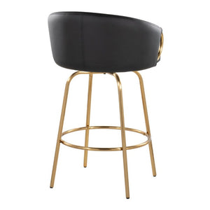 English Elm 26 Inch Art Deco Swivel Counterstools with Gold Frame and Black Faux Leather Set of 2 B202S02223