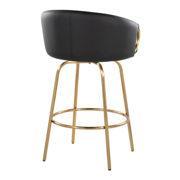 English Elm 26 Inch Art Deco Swivel Counterstools with Gold Frame and Black Faux Leather Set of 2 B202S02223