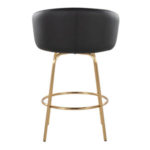 English Elm 26 Inch Art Deco Swivel Counterstools with Gold Frame and Black Faux Leather Set of 2 B202S02223