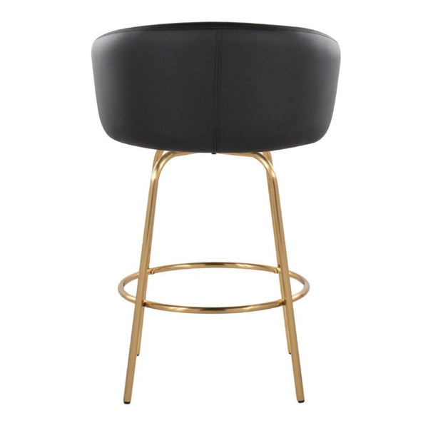 English Elm 26 Inch Art Deco Swivel Counterstools with Gold Frame and Black Faux Leather Set of 2 B202S02223
