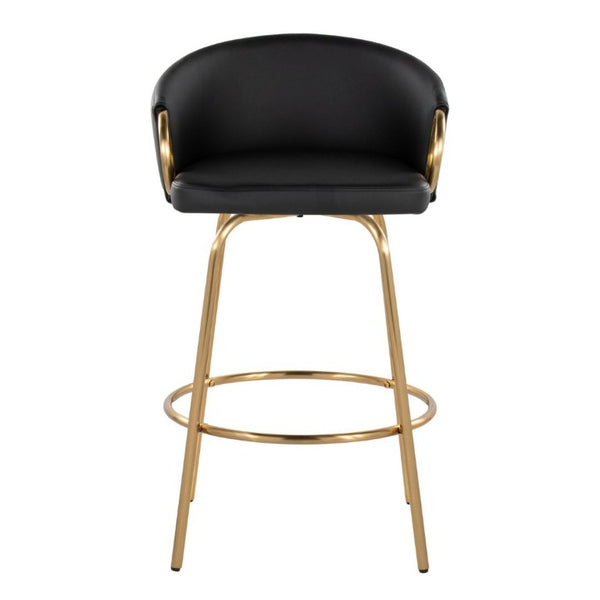 English Elm 26 Inch Art Deco Swivel Counterstools with Gold Frame and Black Faux Leather Set of 2 B202S02223