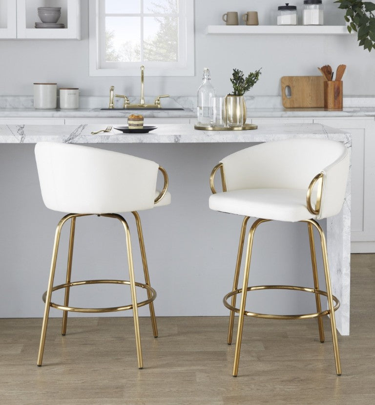 English Elm 26 Inch Swivel Counter Stools Set of 2 Glam Gold Frame White Faux Leather Seats B202S02224