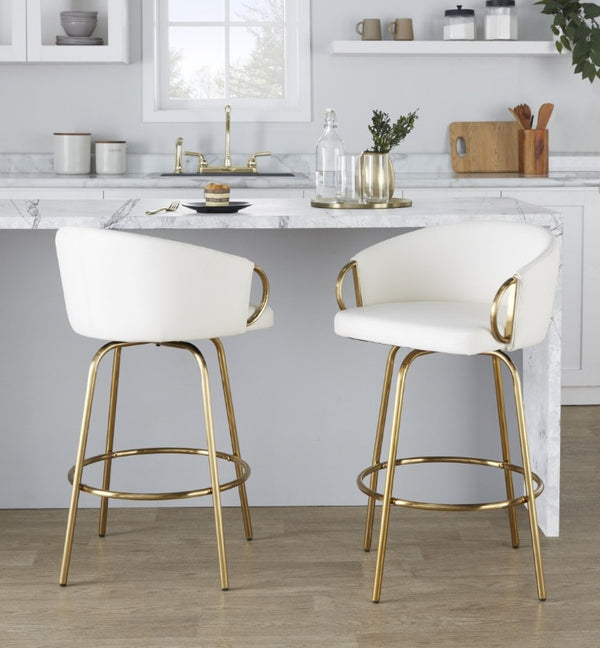 English Elm 26 Inch Swivel Counter Stools Set of 2 Glam Gold Frame White Faux Leather Seats B202S02224