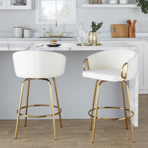 English Elm 26 Inch Swivel Counter Stools Set of 2 Glam Gold Frame White Faux Leather Seats B202S02224