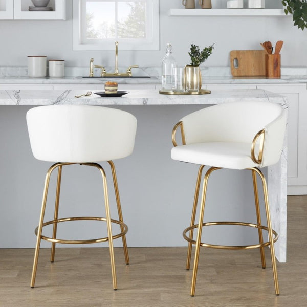 English Elm 26 Inch Swivel Counter Stools Set of 2 Glam Gold Frame White Faux Leather Seats B202S02224