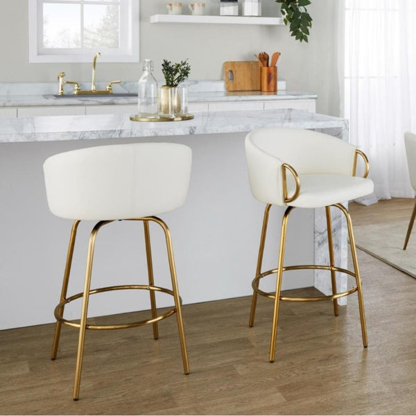 English Elm 26 Inch Swivel Counter Stools Set of 2 Glam Gold Frame White Faux Leather Seats B202S02224