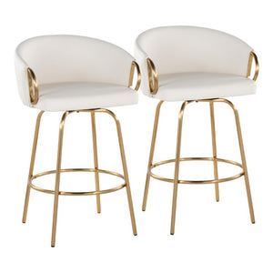 English Elm 26 Inch Swivel Counter Stools Set of 2 Glam Gold Frame White Faux Leather Seats B202S02224
