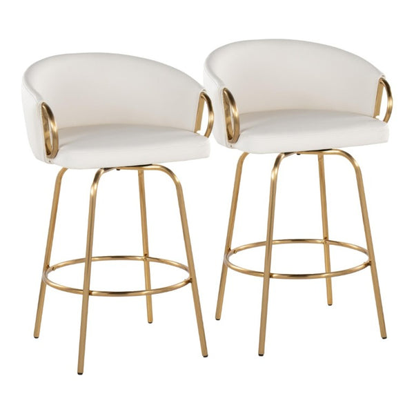 English Elm 26 Inch Swivel Counter Stools Set of 2 Glam Gold Frame White Faux Leather Seats B202S02224