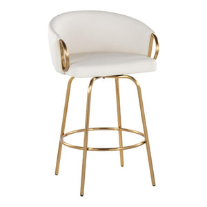 English Elm 26 Inch Swivel Counter Stools Set of 2 Glam Gold Frame White Faux Leather Seats B202S02224