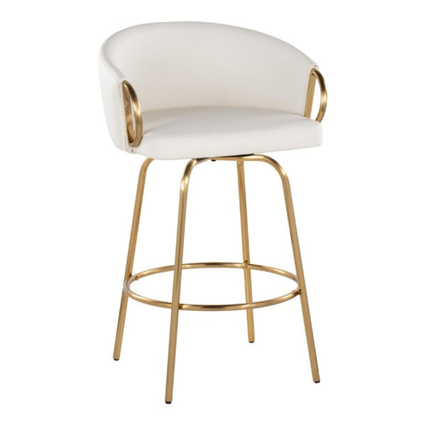 English Elm 26 Inch Swivel Counter Stools Set of 2 Glam Gold Frame White Faux Leather Seats B202S02224