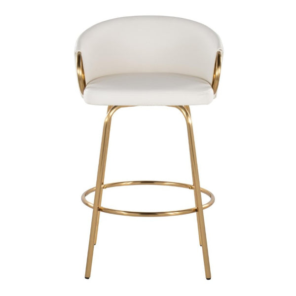 English Elm 26 Inch Swivel Counter Stools Set of 2 Glam Gold Frame White Faux Leather Seats B202S02224