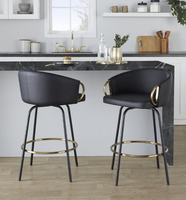 English Elm 26 Inch Swivel Counter Stools Faux Leather Gold Footrest Ring Glam Set of Two Black B202S02225