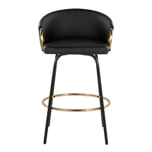 English Elm 26 Inch Swivel Counter Stools Faux Leather Gold Footrest Ring Glam Set of Two Black B202S02225