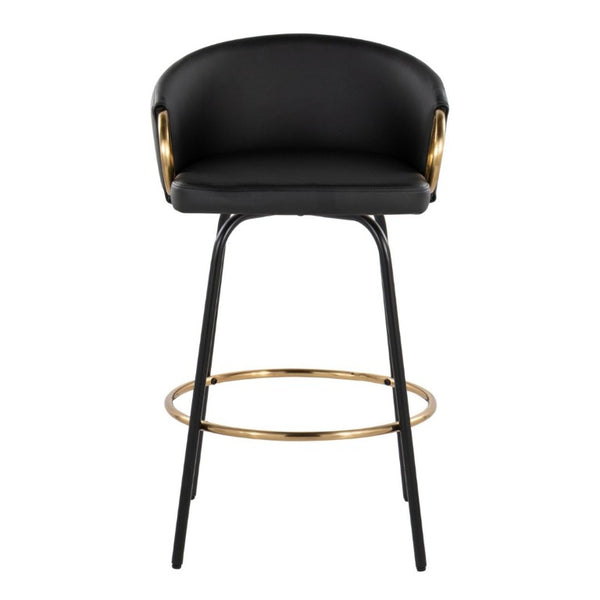 English Elm 26 Inch Swivel Counter Stools Faux Leather Gold Footrest Ring Glam Set of Two Black B202S02225
