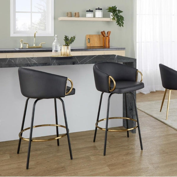 English Elm 26 Inch Swivel Counter Stools Faux Leather Gold Footrest Ring Glam Set of Two Black B202S02225