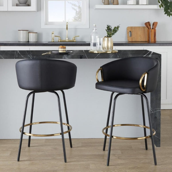 English Elm 26 Inch Swivel Counter Stools Faux Leather Gold Footrest Ring Glam Set of Two Black B202S02225