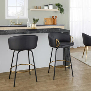 English Elm 26 Inch Swivel Counter Stools Faux Leather Gold Footrest Ring Glam Set of Two Black B202S02225