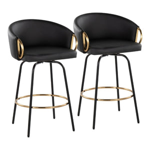 English Elm 26 Inch Swivel Counter Stools Faux Leather Gold Footrest Ring Glam Set of Two Black B202S02225