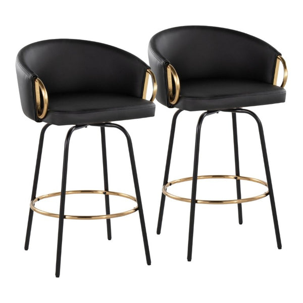 English Elm 26 Inch Swivel Counter Stools Faux Leather Gold Footrest Ring Glam Set of Two Black B202S02225