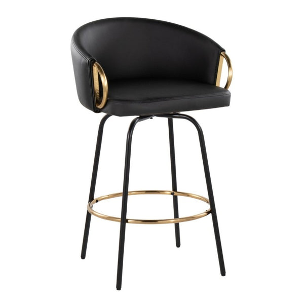 English Elm 26 Inch Swivel Counter Stools Faux Leather Gold Footrest Ring Glam Set of Two Black B202S02225