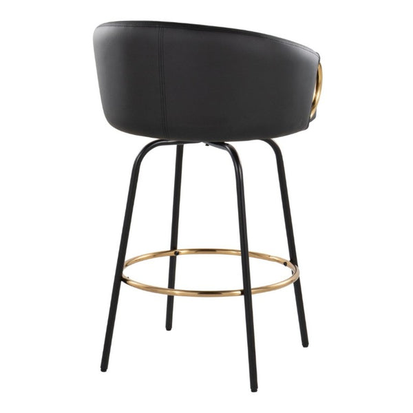 English Elm 26 Inch Swivel Counter Stools Faux Leather Gold Footrest Ring Glam Set of Two Black B202S02225