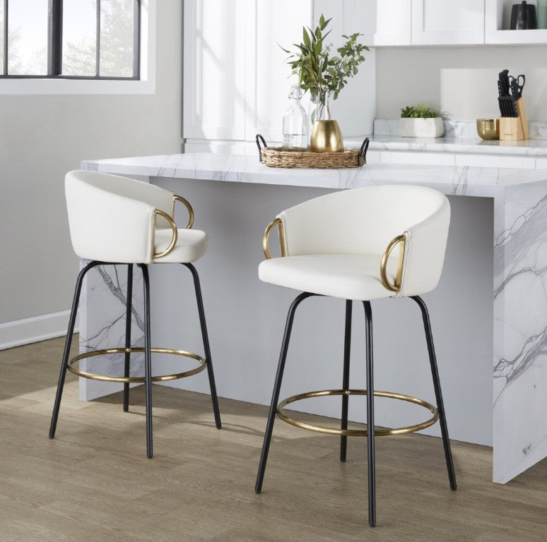 English Elm 26 Inch Swivel Counter Stools Faux Leather Gold Footrest Ring Glam Set of Two White B202S02226