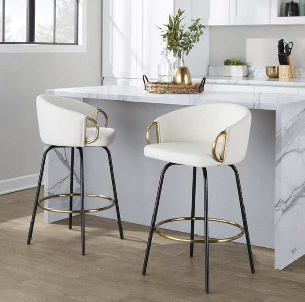 English Elm 26 Inch Swivel Counter Stools Faux Leather Gold Footrest Ring Glam Set of Two White B202S02226