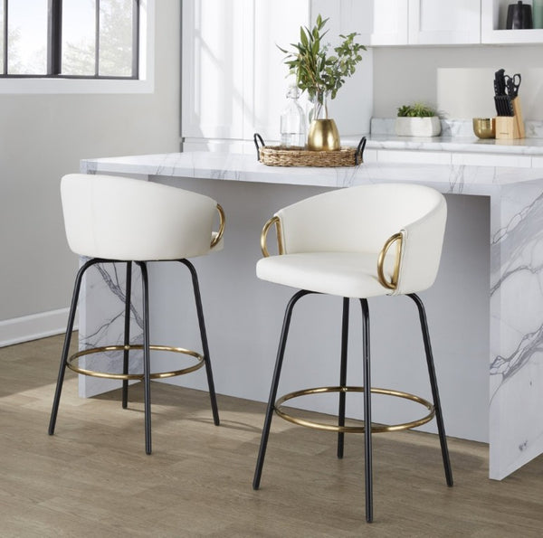 English Elm 26 Inch Swivel Counter Stools Faux Leather Gold Footrest Ring Glam Set of Two White B202S02226