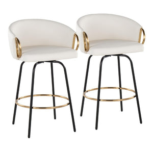 English Elm 26 Inch Swivel Counter Stools Faux Leather Gold Footrest Ring Glam Set of Two White B202S02226