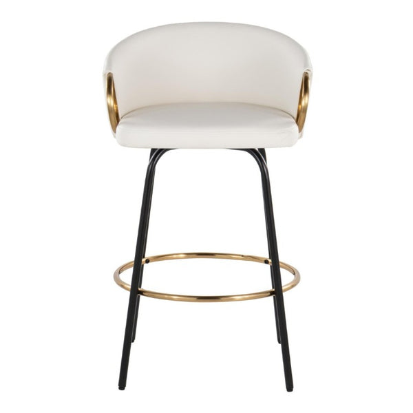 English Elm 26 Inch Swivel Counter Stools Faux Leather Gold Footrest Ring Glam Set of Two White B202S02226