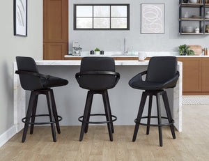 English Elm Fixed-Height Swivel Barstools Bamboo Frame Faux Leather Seat Modern Kitchen Set of 2 B202S02227