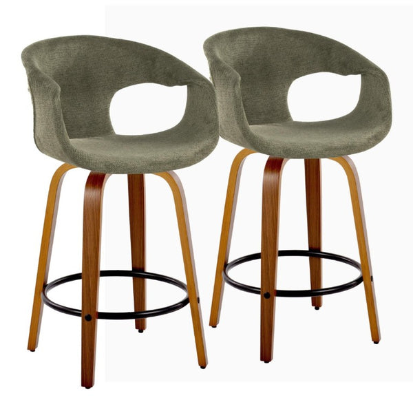 English Elm 26 Inch Mid-Century Swivel Counter Stools with Walnut Legs and Green Upholstery Set of 2 B202S02228