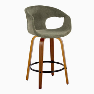 English Elm 26 Inch Mid-Century Swivel Counter Stools with Walnut Legs and Green Upholstery Set of 2 B202S02228