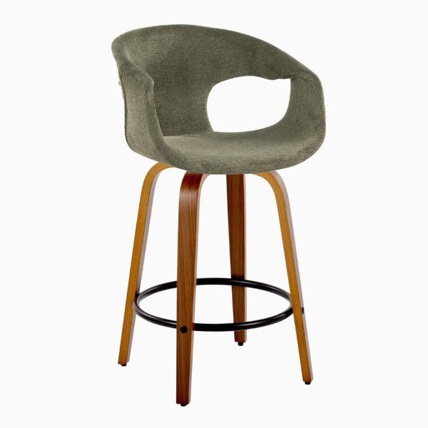 English Elm 26 Inch Mid-Century Swivel Counter Stools with Walnut Legs and Green Upholstery Set of 2 B202S02228