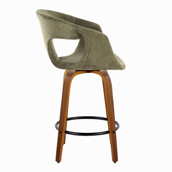 English Elm 26 Inch Mid-Century Swivel Counter Stools with Walnut Legs and Green Upholstery Set of 2 B202S02228