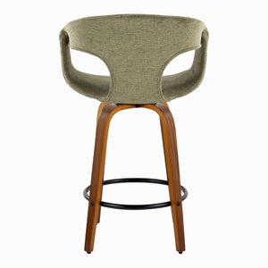 English Elm 26 Inch Mid-Century Swivel Counter Stools with Walnut Legs and Green Upholstery Set of 2 B202S02228