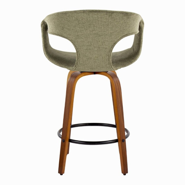 English Elm 26 Inch Mid-Century Swivel Counter Stools with Walnut Legs and Green Upholstery Set of 2 B202S02228