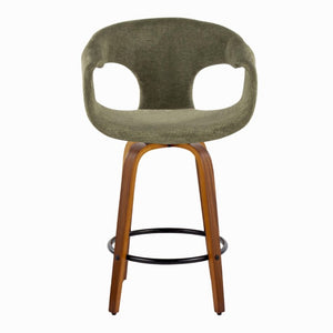 English Elm 26 Inch Mid-Century Swivel Counter Stools with Walnut Legs and Green Upholstery Set of 2 B202S02228