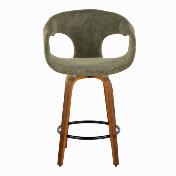 English Elm 26 Inch Mid-Century Swivel Counter Stools with Walnut Legs and Green Upholstery Set of 2 B202S02228