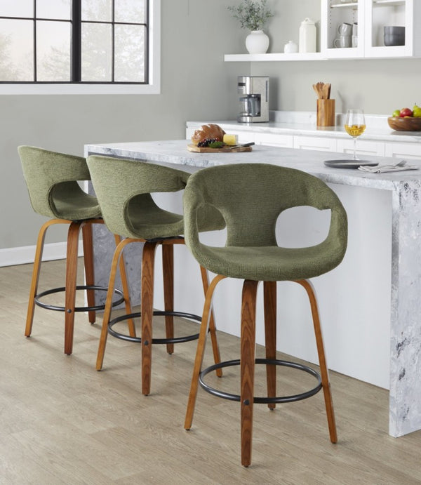 English Elm 26 Inch Mid-Century Swivel Counter Stools with Walnut Legs and Green Upholstery Set of 2 B202S02228