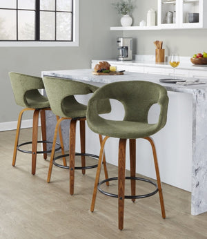 English Elm 26 Inch Mid-Century Swivel Counter Stools with Walnut Legs and Green Upholstery Set of 2 B202S02228