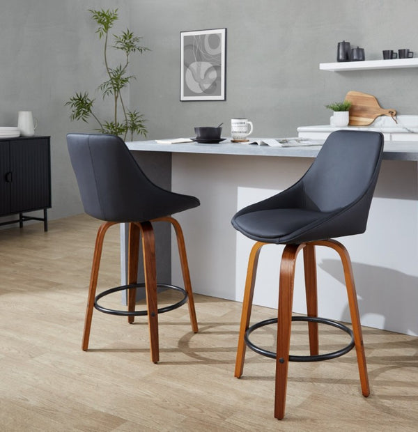 English Elm 26 Inch Swivel Counter Stools Set of 2 Walnut Bentwood Faux Leather Kitchen Island Seating Black B202S02230